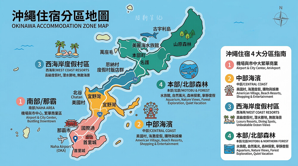 沖繩住宿分區地圖 四大區域標注