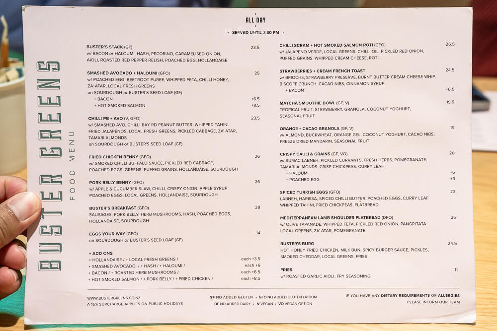 Dunedin Buster Greens,但尼丁美食,紐西蘭但尼丁,Dunedin早午餐,Buster Greens菜單,紐西蘭咖啡廳