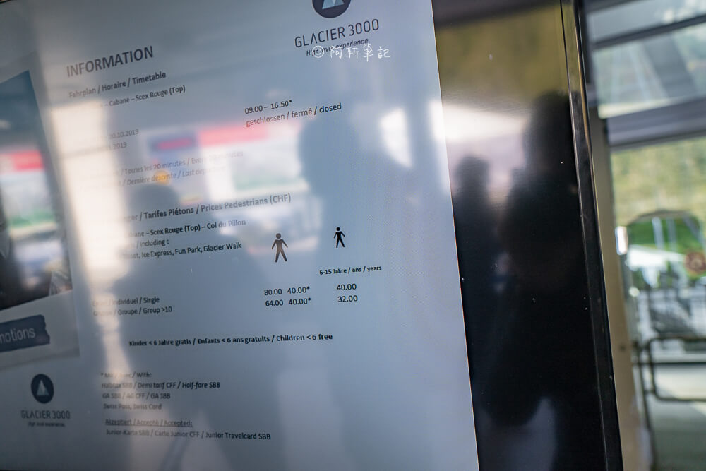 Glacier 3000 票價與設施資訊看板
