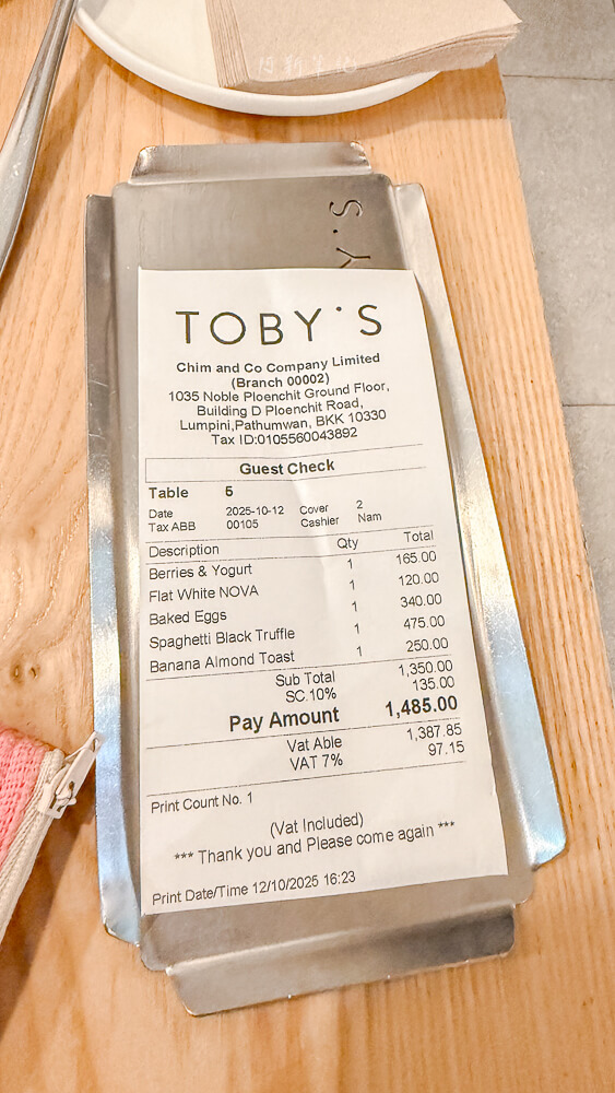 Toby's at Noble Play menu price receipt
